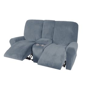 Recliner Sofa Covers 2 Seater Sofa Covers with Cup Holder, Velvet Stretch Recliner Loveseat Slipcovers with Middle Console (Specification: 2 Seater, Color: Grey Blue)