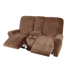 Recliner Sofa Covers 2 Seater Sofa Covers with Cup Holder, Velvet Stretch Recliner Loveseat Slipcovers with Middle Console (Specification: 2 Seater, Color: Coffee)