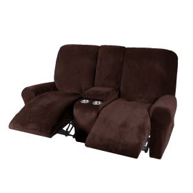 Recliner Sofa Covers 2 Seater Sofa Covers with Cup Holder, Velvet Stretch Recliner Loveseat Slipcovers with Middle Console (Specification: 2 Seater, Color: brown)